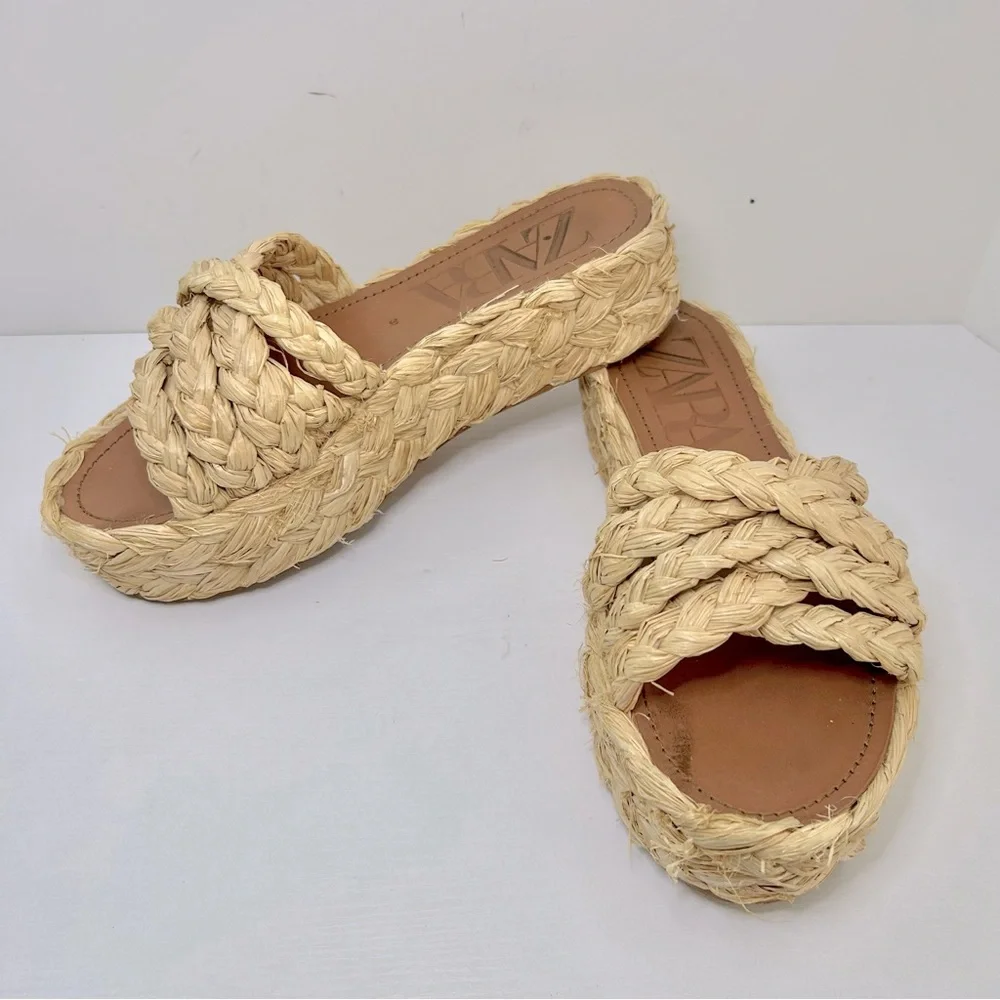 Zara Raffia Braided Platform Neutral Cream Tan Sandals Size 37
